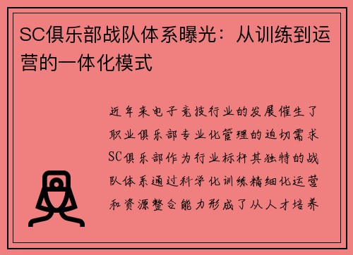 SC俱乐部战队体系曝光：从训练到运营的一体化模式